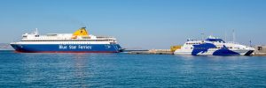 naxos farja panorama 300x100 - Naxos, Greece - May 23, 2017: Two Ferries In Port Of Naxos Town. Blue Star Ferries And Seajets Cycla